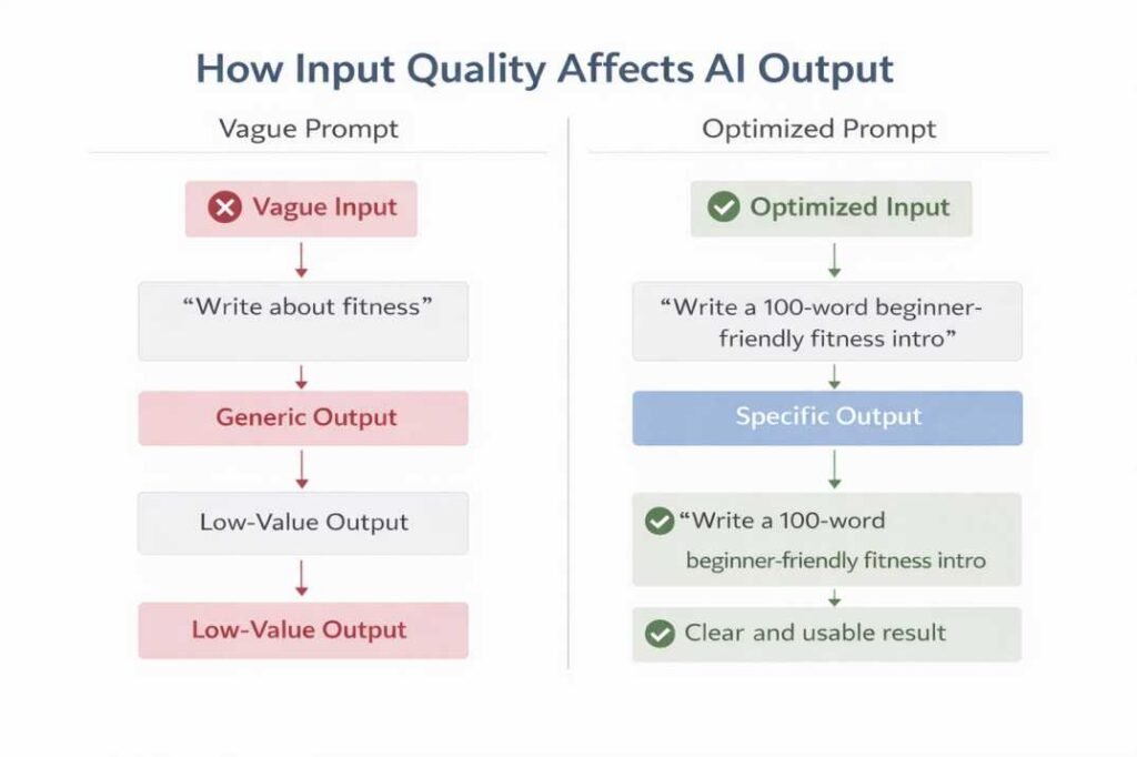 Diagram showing how vague input leads to generic low-value output while optimized input produces specific and usable AI results