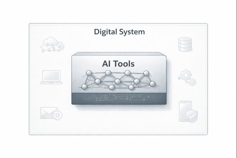 Diagram illustrating AI tools as limited technical components operating within a larger digital system.