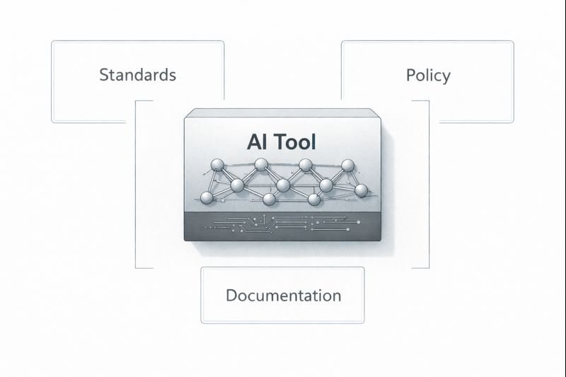 Illustration showing how AI tools are framed within standards, policy, and documentation contexts.