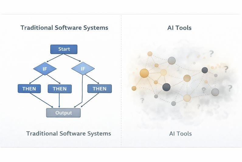 Split conceptual diagram showing deterministic rule-based logic in traditional software systems contrasted with probabilistic, data-driven inference in AI tools.