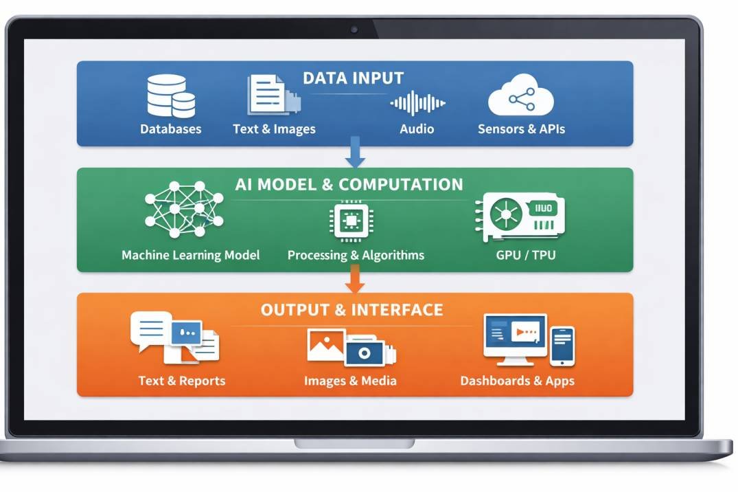 Layered diagram showing data input, AI model computation, and output interface components within an AI tool system.
