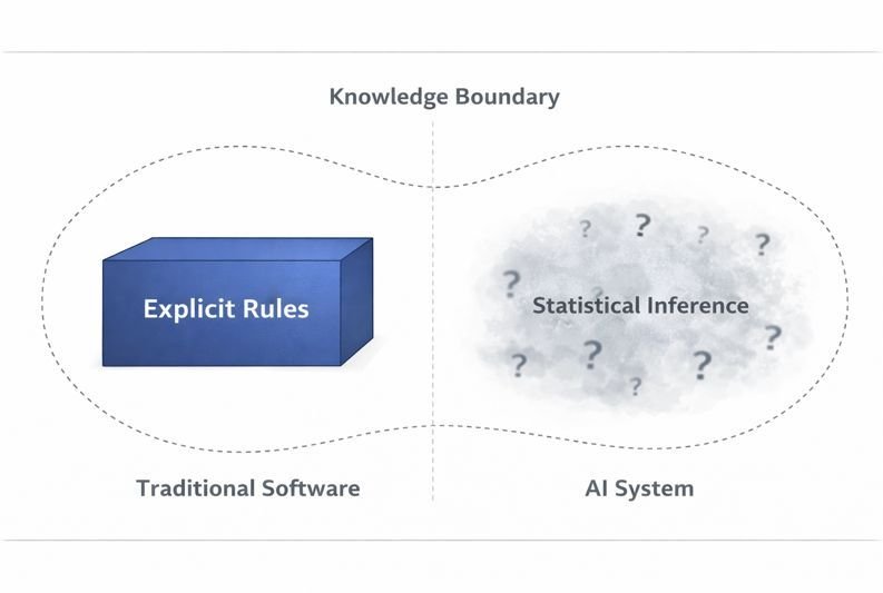 Conceptual diagram showing explicit rule-based knowledge in traditional software systems contrasted with statistical inference in AI systems.