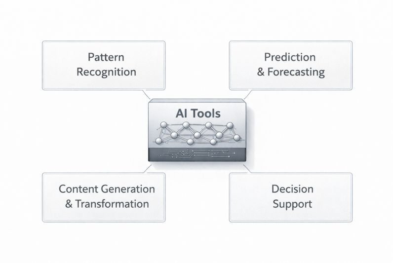 Diagram showing functional categories of AI tools within digital systems.
