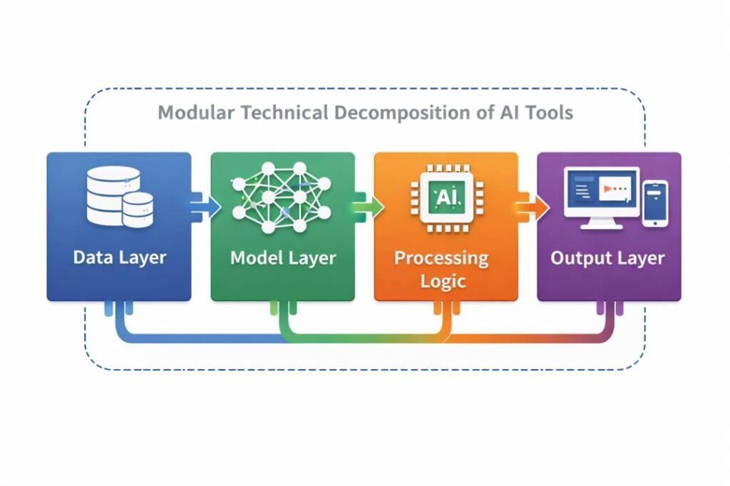Diagram showing modular structural layers of AI tools, including data input, model processing, computation logic, and output.