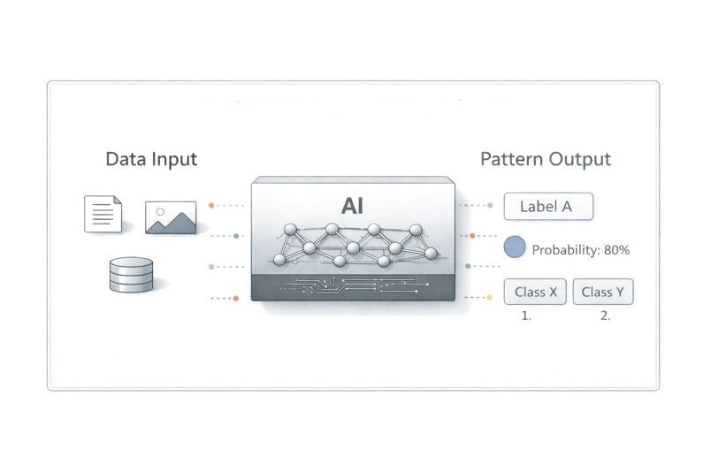 Conceptual diagram of pattern recognition AI tools producing labels and classifications from data.