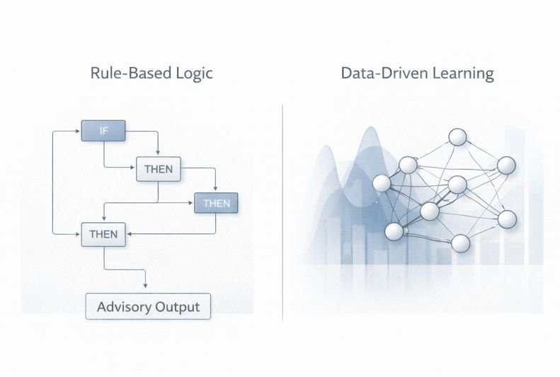 Side-by-side conceptual illustration showing rule-based logical decision paths contrasted with data-driven statistical learning structures.