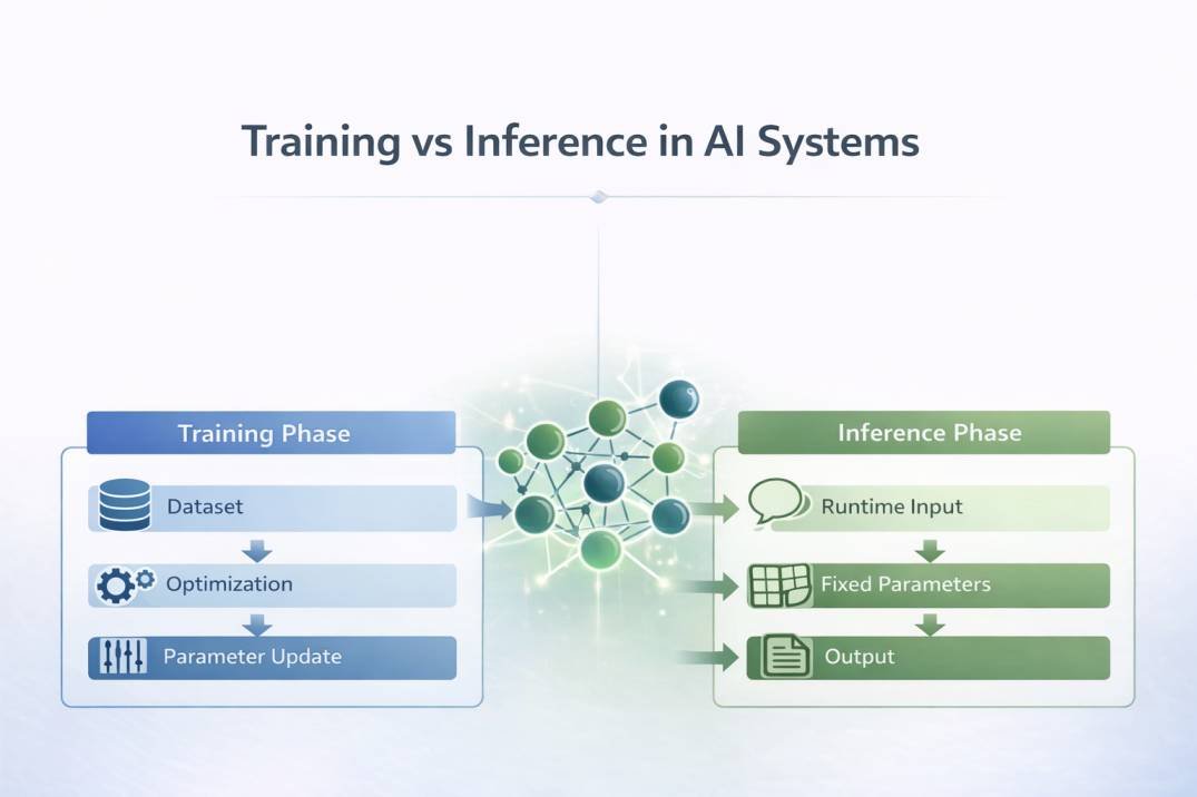 Diagram comparing the training phase and inference phase in AI system architecture, showing dataset and parameter updates during training and runtime input with fixed parameters during inference.