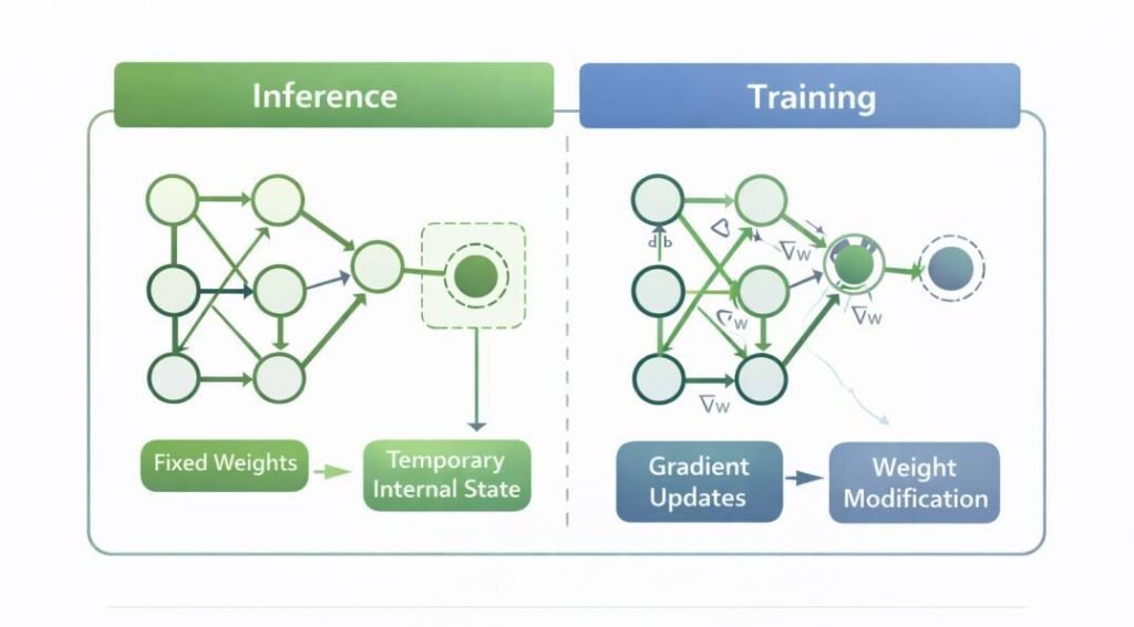 Comparison diagram illustrating activation of stored parameters during inference versus parameter modification during training.