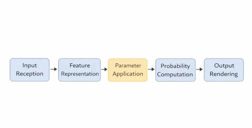 Flowchart showing input formatting, feature representation, parameter application, probabilistic evaluation, and output rendering.