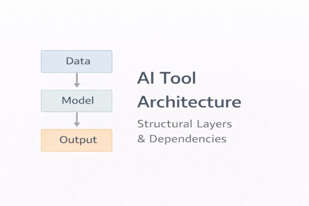 Simplified diagram showing data, model, and output layers representing AI tool architecture structural dependencies