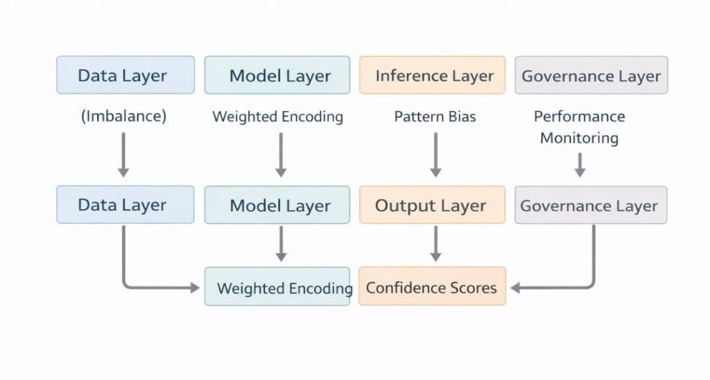 Flow diagram illustrating how data imbalance propagates through model, inference, output, and governance layers in AI tool architecture
