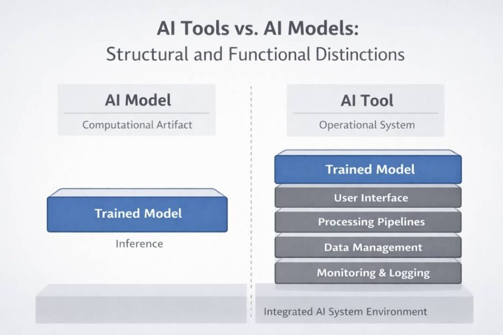Side-by-side structural diagram comparing an AI model as a computational inference artifact and an AI tool as a multi-layer operational system embedding the model within infrastructure components.