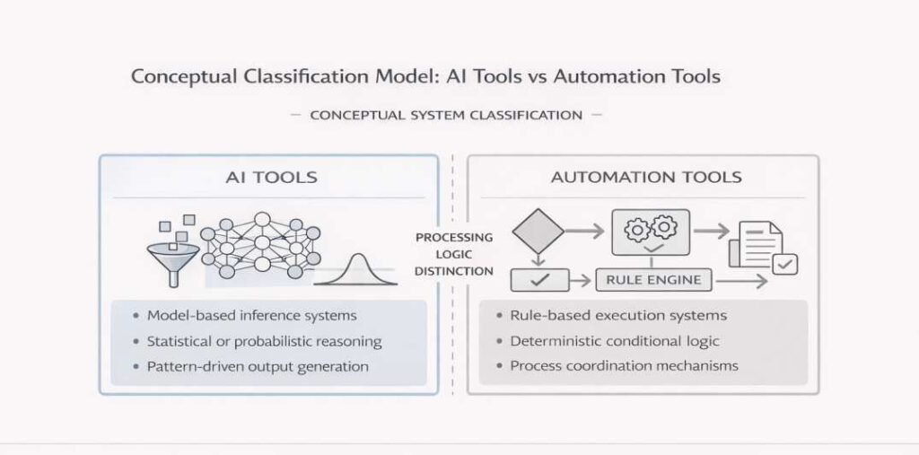 Conceptual classification diagram distinguishing AI tools as model-based inference systems and automation tools as rule-based execution systems, separated by processing logic distinction.