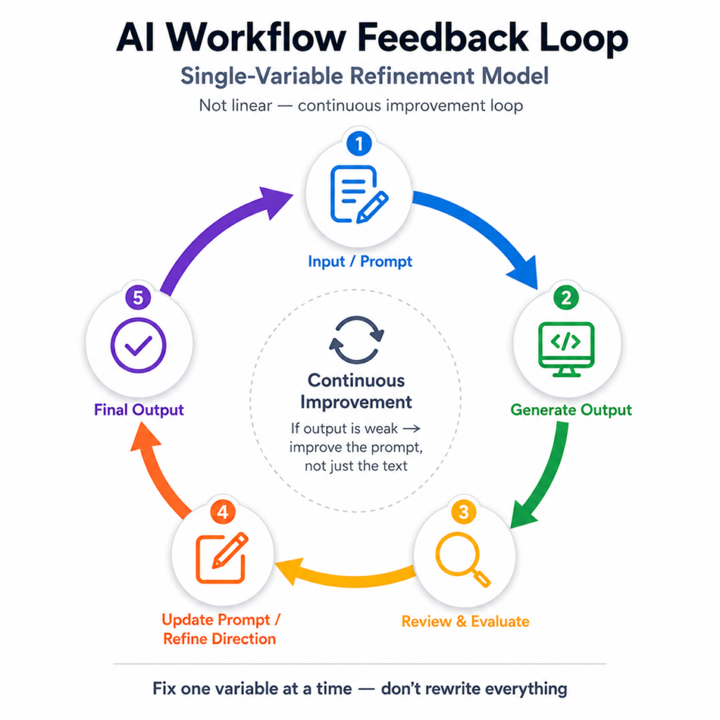 AI workflow feedback loop illustrating the single-variable refinement method for improving output through prompt iteration