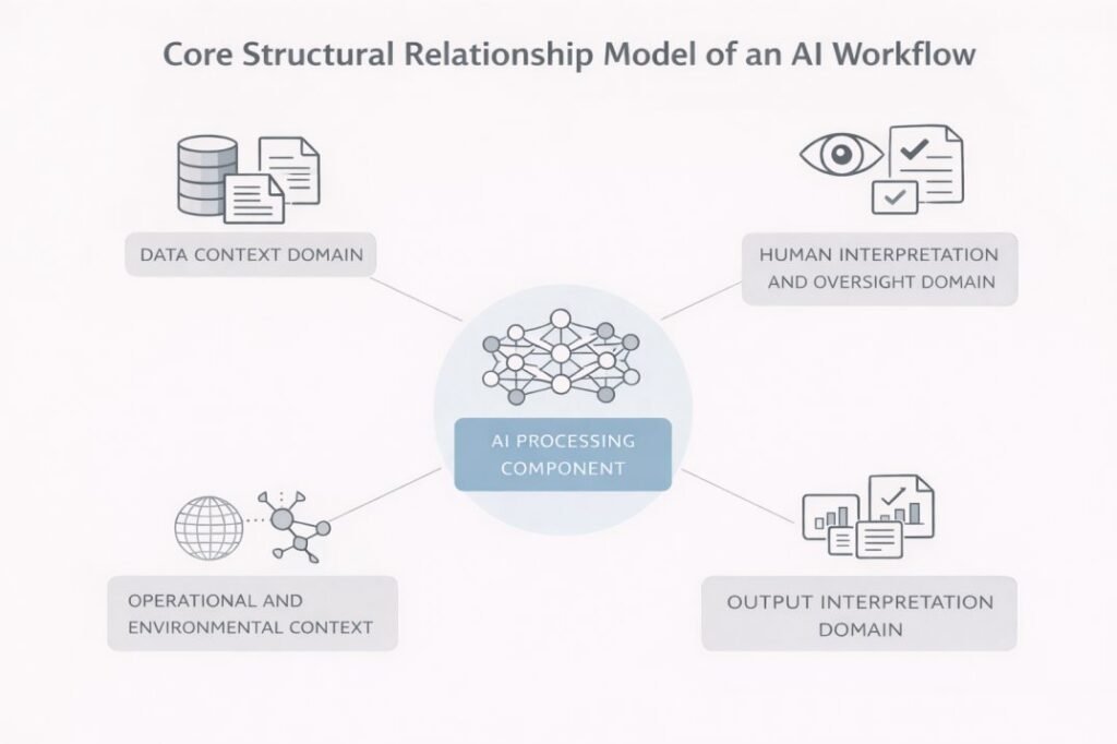 Diagram showing core AI processing component connected to data context, human oversight, output interpretation, and environmental system domains.