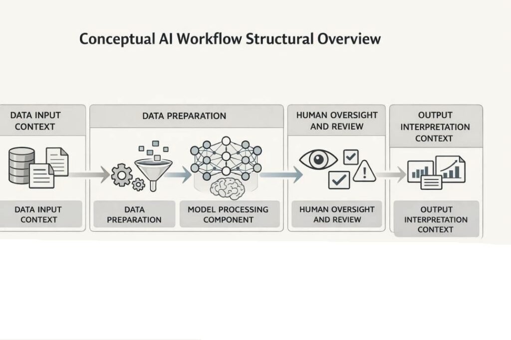 Diagram showing AI system boundary separating automated processing from human oversight and external output interpretation zones.