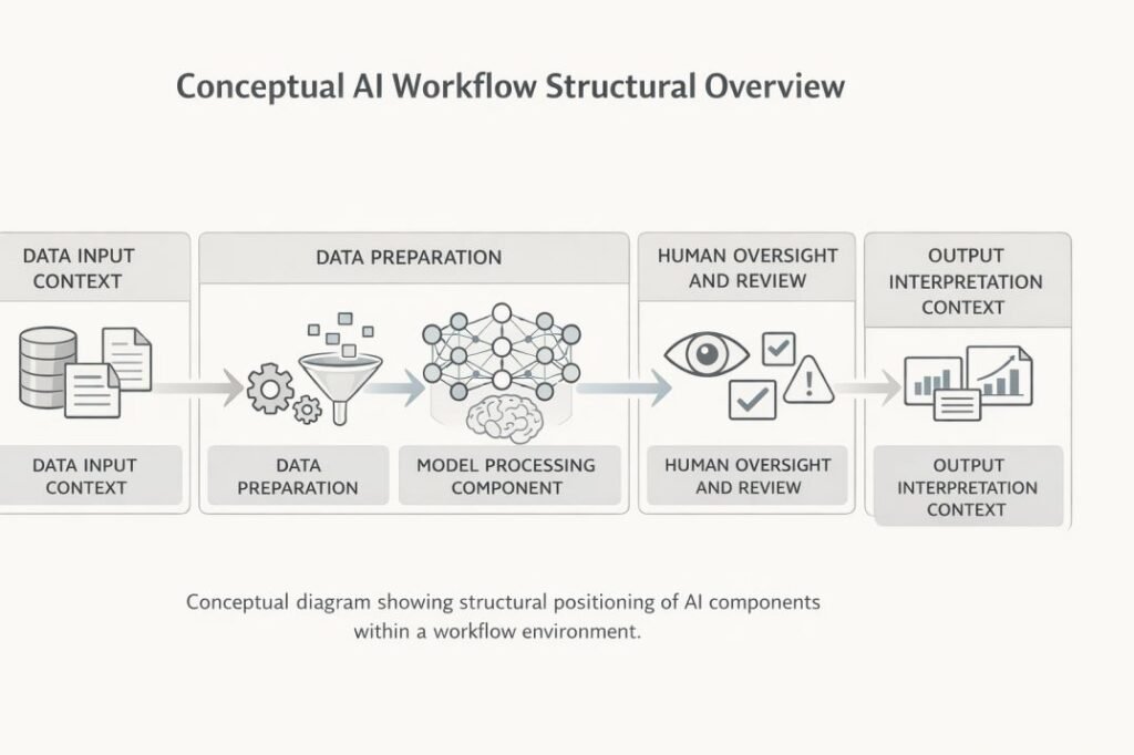 Diagram showing boundary between AI system processing responsibility and human interpretation oversight layer.