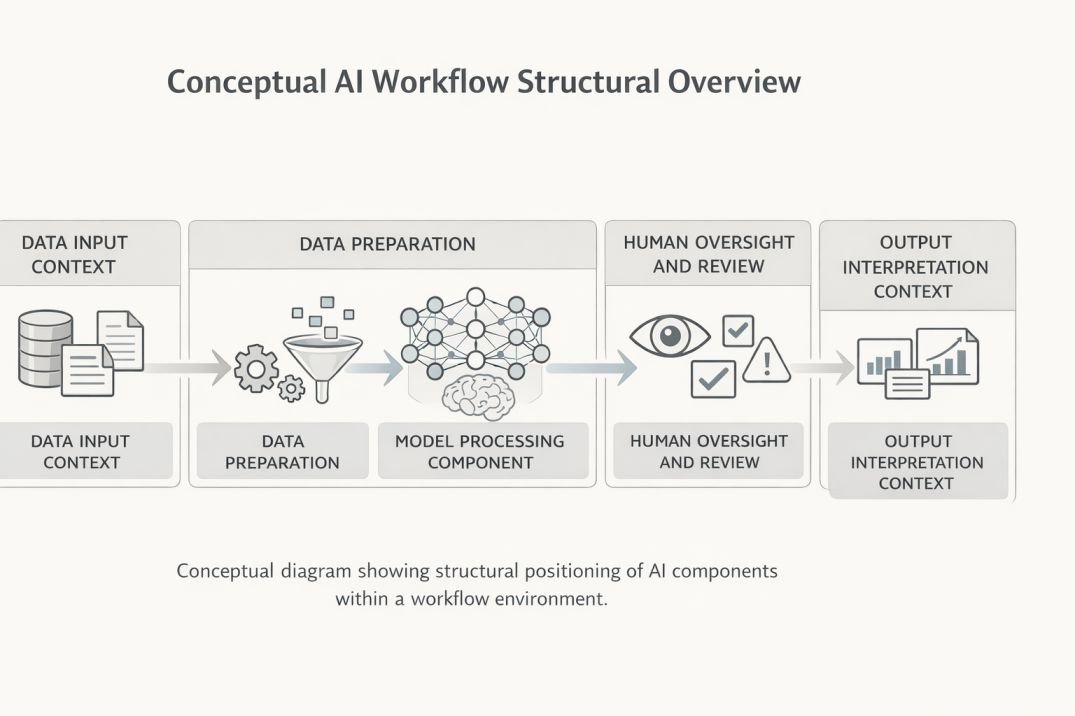 Diagram showing boundary between AI system processing responsibility and human interpretation oversight layer.
