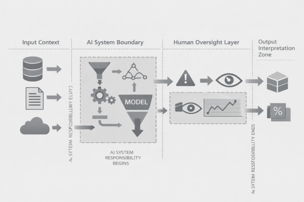 Abstract diagram illustrating AI system boundaries and human oversight within an AI workflow.