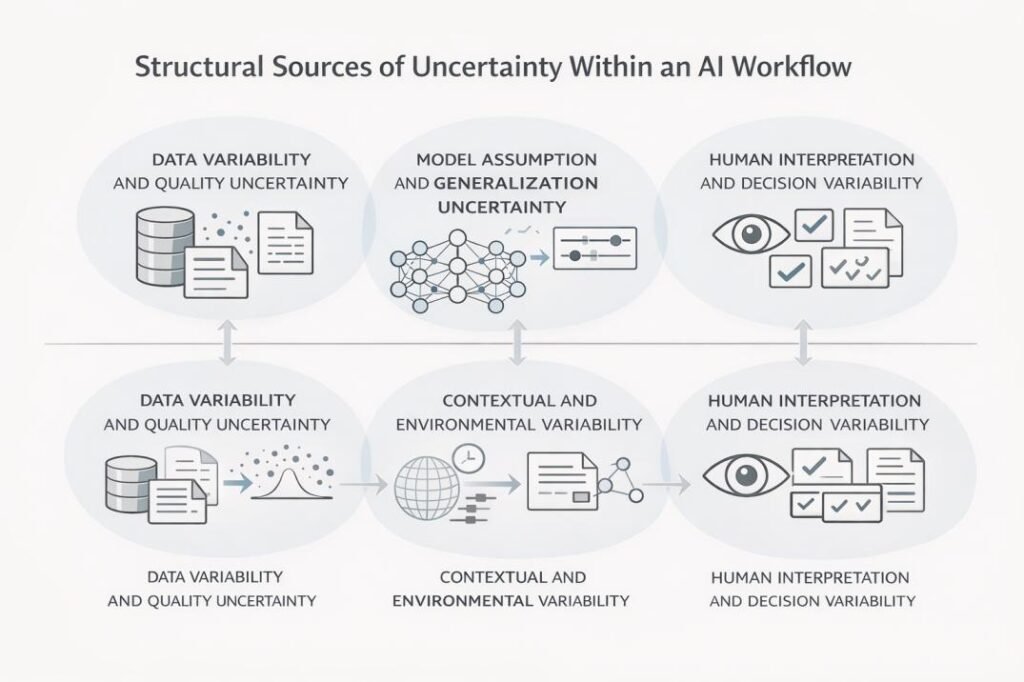 Diagram showing uncertainty sources across data quality, model assumptions, environment variability, and human interpretation within an AI workflow structure.