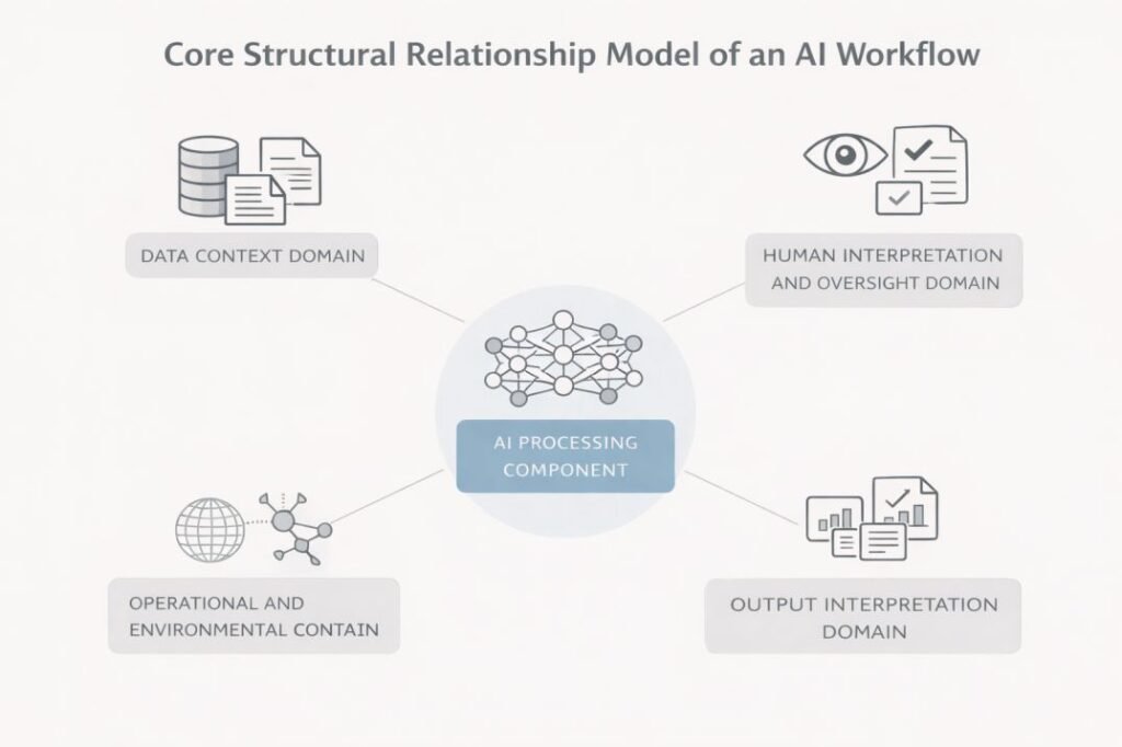 Hub-and-spoke schematic diagram showing the AI Processing Component at the center connected to data context, human interpretation and oversight, output interpretation, and operational and environmental context domains.