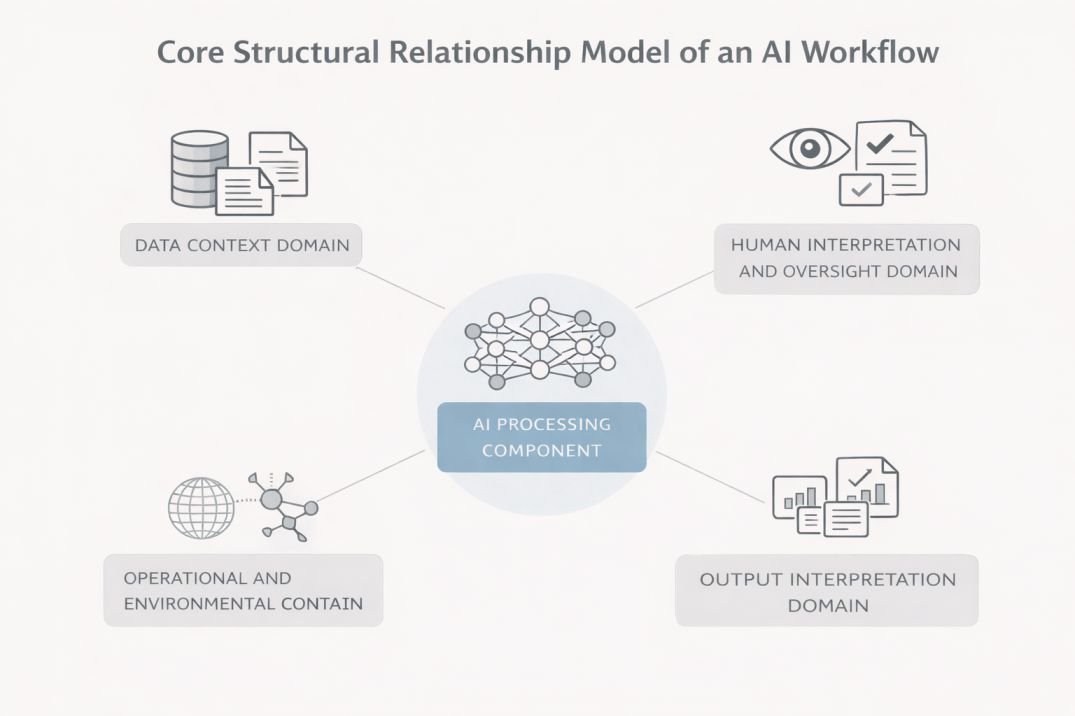 Hub-and-spoke schematic diagram showing the AI Processing Component at the center connected to data context, human interpretation and oversight, output interpretation, and operational and environmental context domains.
