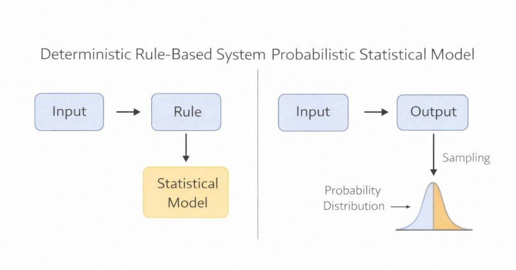 Comparison diagram showing deterministic rule-based system versus probabilistic statistical model inference process.