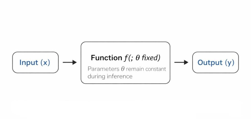 Diagram illustrating inference as a conditional mapping function f(x; θ) where fixed parameters transform input data into output.