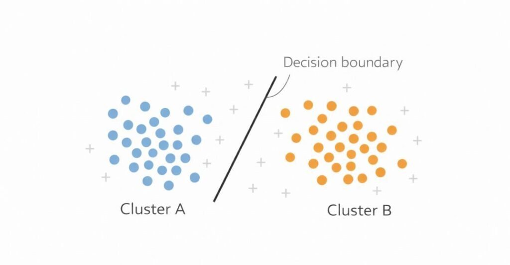 Two-dimensional representation of latent space with clustered data points and a decision boundary separating categories.