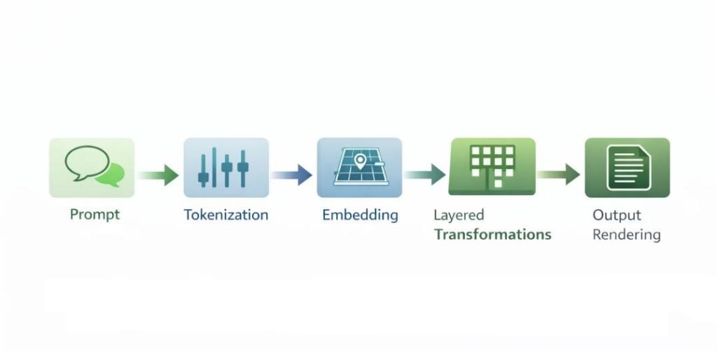 Step-by-step workflow diagram showing input reception, tokenization, embedding generation, parameter application, probability computation, and output rendering.