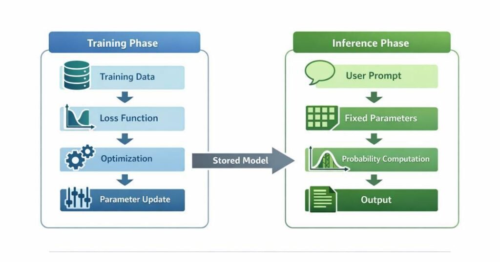 Diagram showing separation between training phase and inference phase in AI systems, where training adjusts parameters and inference applies fixed parameters to user input.