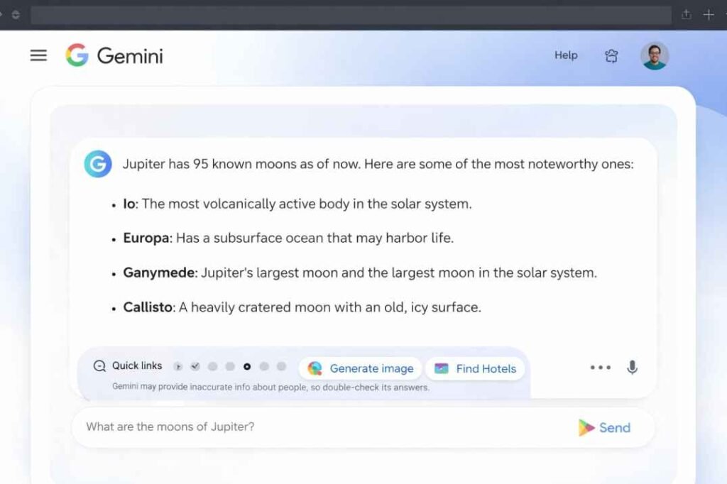 Google Gemini AI interface example showing query and generated response