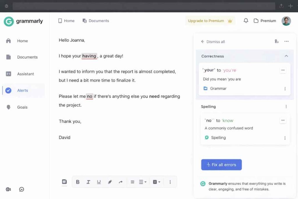 Grammarly interface example showing grammar and spelling corrections