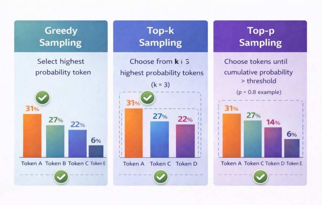 comparison of greedy sampling top k sampling and top p sampling in probabilistic AI text generation