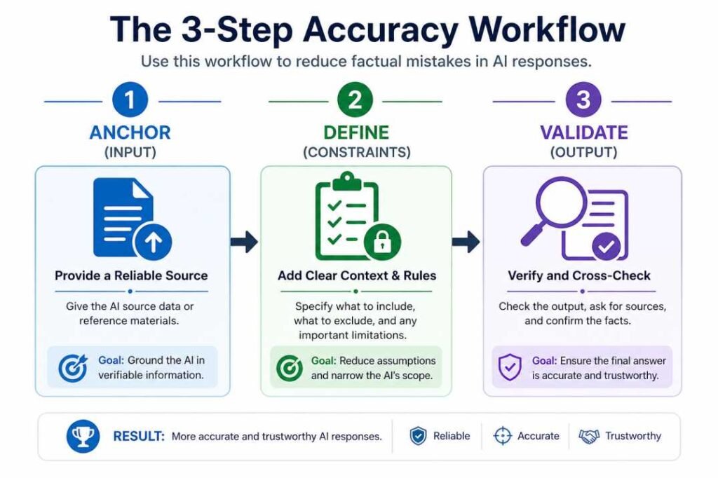 Why AI gives wrong answers fix using three step accuracy workflow — anchor input, define constraints, validate output