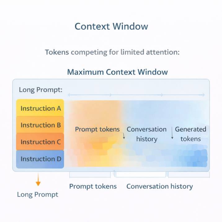 Diagram illustrating how prompt tokens, conversation history, and generated tokens share the limited context window used by AI language models.