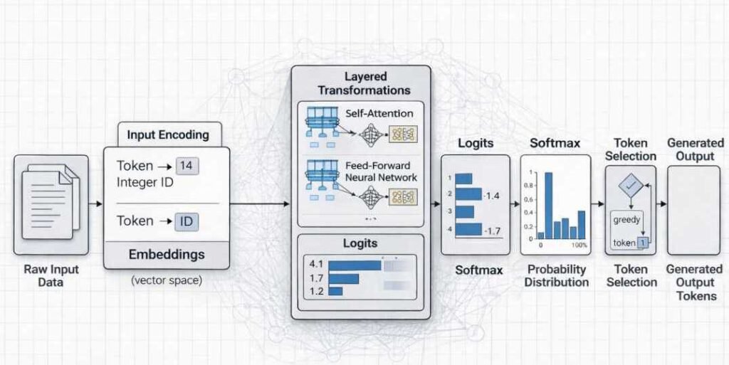 Illustration showing input encoding in AI systems including tokenization for text, pixel tensors for images, spectrogram transformation for audio, and structured data normalization