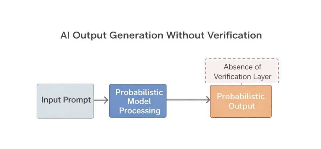 Diagram showing AI input prompt processed through probabilistic model to generate output without ground truth verification