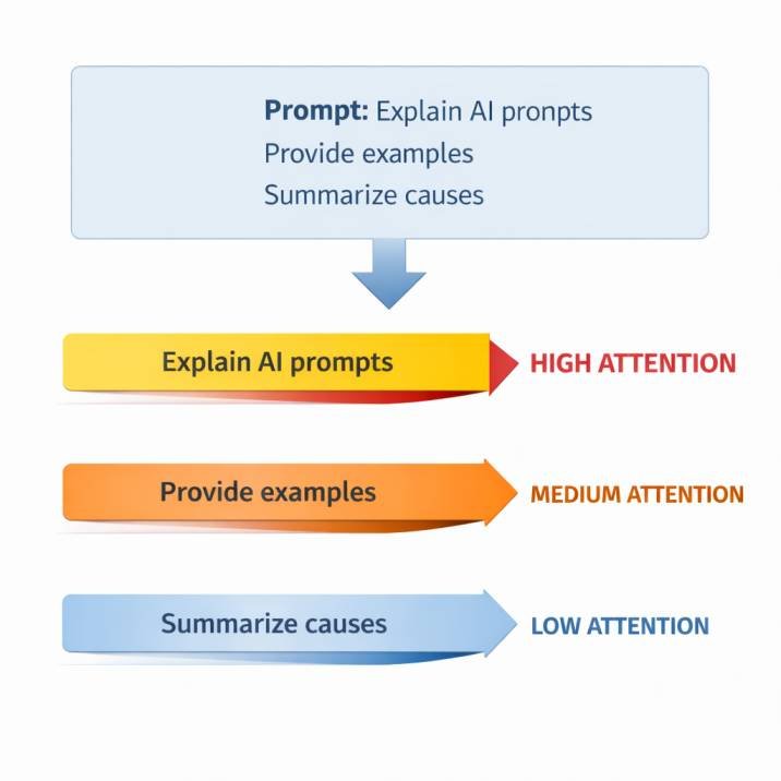 Diagram showing how different instructions within a prompt may receive different levels of attention during AI response generation.