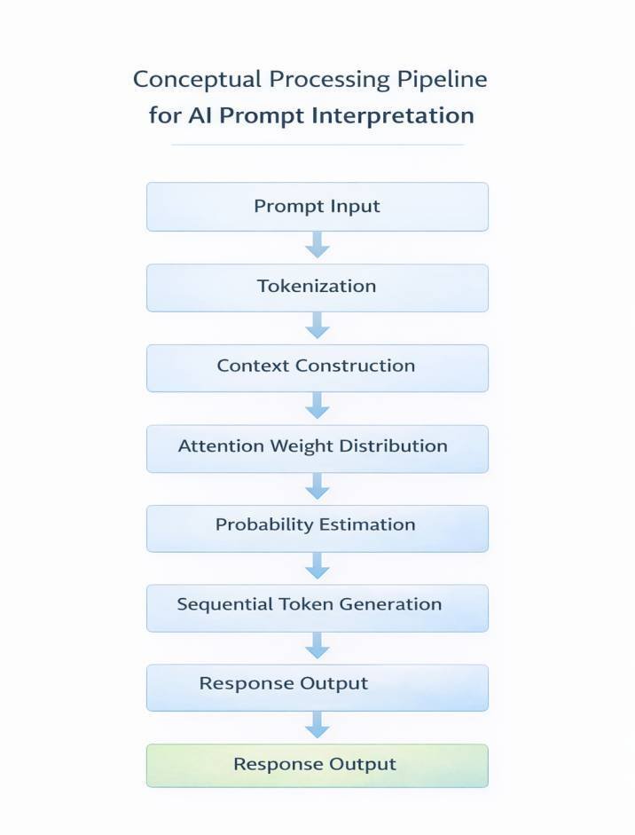 Diagram showing the conceptual processing pipeline used by AI language models to interpret prompts, including tokenization, context construction, attention weighting, probability estimation, and sequential token generation.