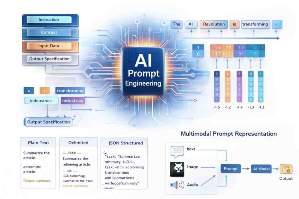 Composite visualization of AI prompt structure, tokenization, embedding representation, input formats, and multimodal input integration within a unified system