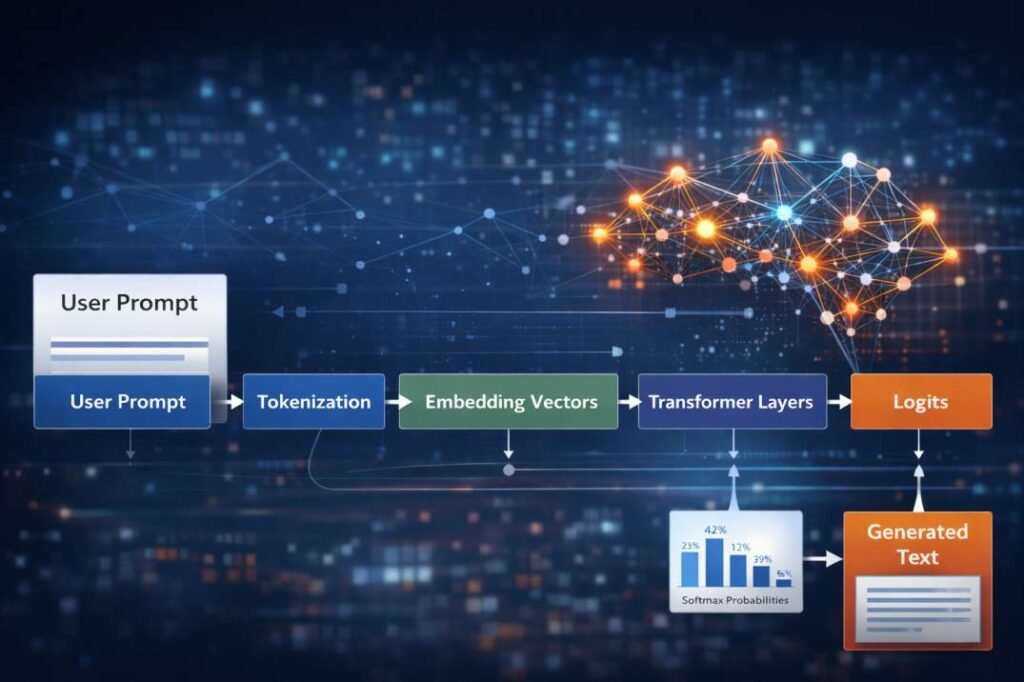 Diagram showing the internal pipeline of AI text generation including tokenization, embedding vectors, transformer layers, logits, softmax probabilities, and generated text.