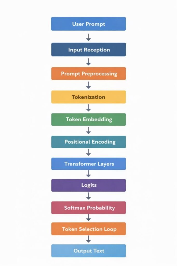 Diagram illustrating the internal inference pipeline of an AI text generation system from user prompt processing to output text generation.