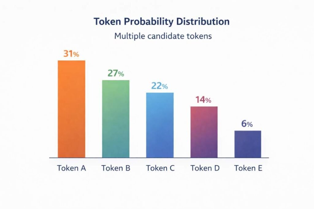token probability distribution in AI language models showing multiple candidate tokens explaining why AI tools give different answers
