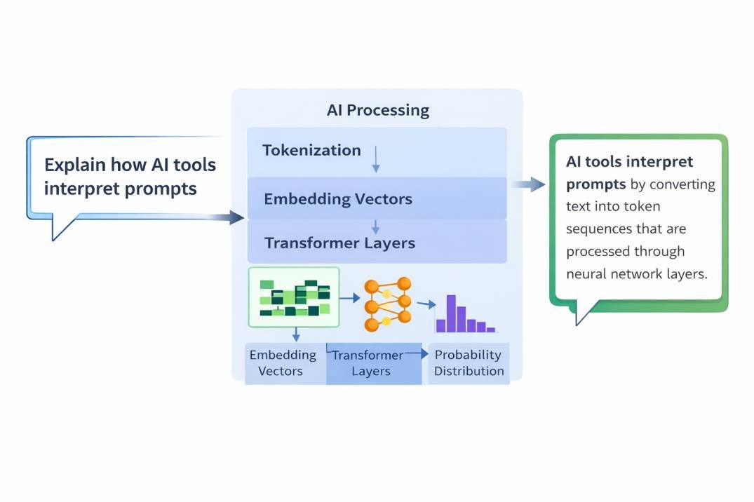 Diagram showing how AI tools interpret prompts through tokenization, embedding vectors, transformer layers, and probability distribution.