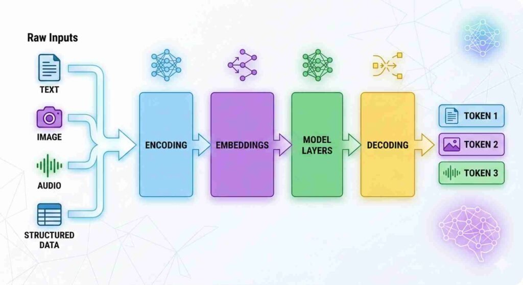 Diagram showing how AI tools transform raw input data into output tokens during inference through encoding, embeddings, model layers, and decoding stages.