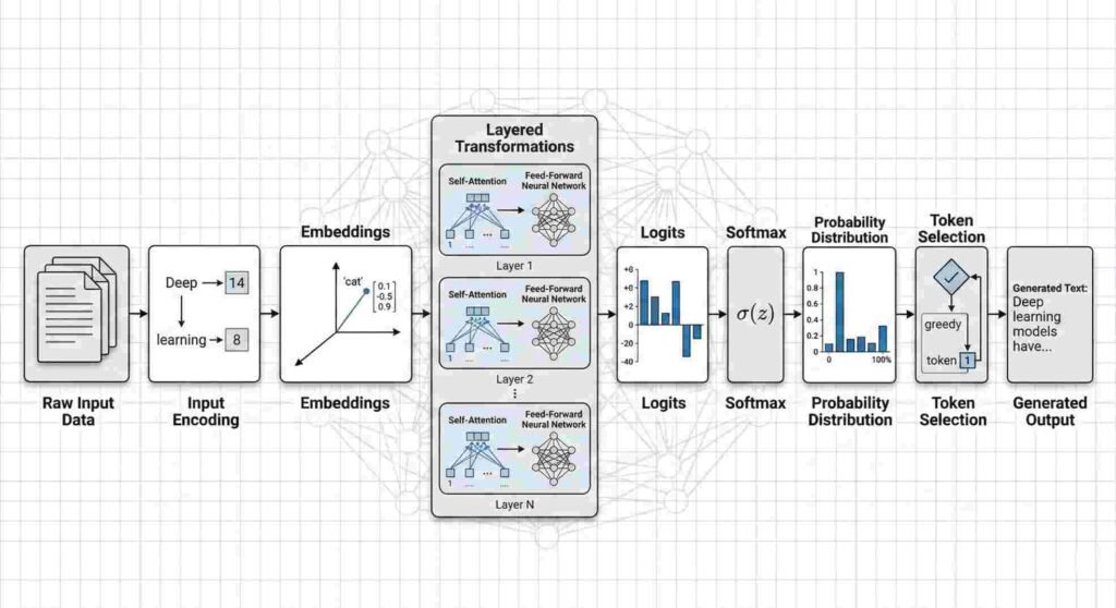 Diagram illustrating how AI tools transform raw input data through encoding, embeddings, layered neural network transformations, probability computation, and token selection during inference.