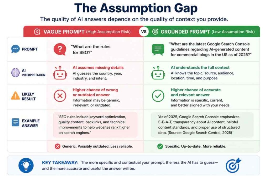 Comparison showing vague prompt causing wrong AI assumptions versus grounded prompt producing accurate relevant answers