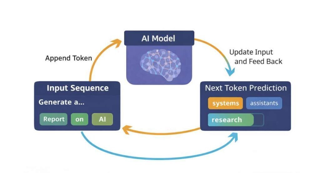 Diagram showing the autoregressive token generation loop in AI models where each generated token is appended to the input sequence and processed again to predict the next token