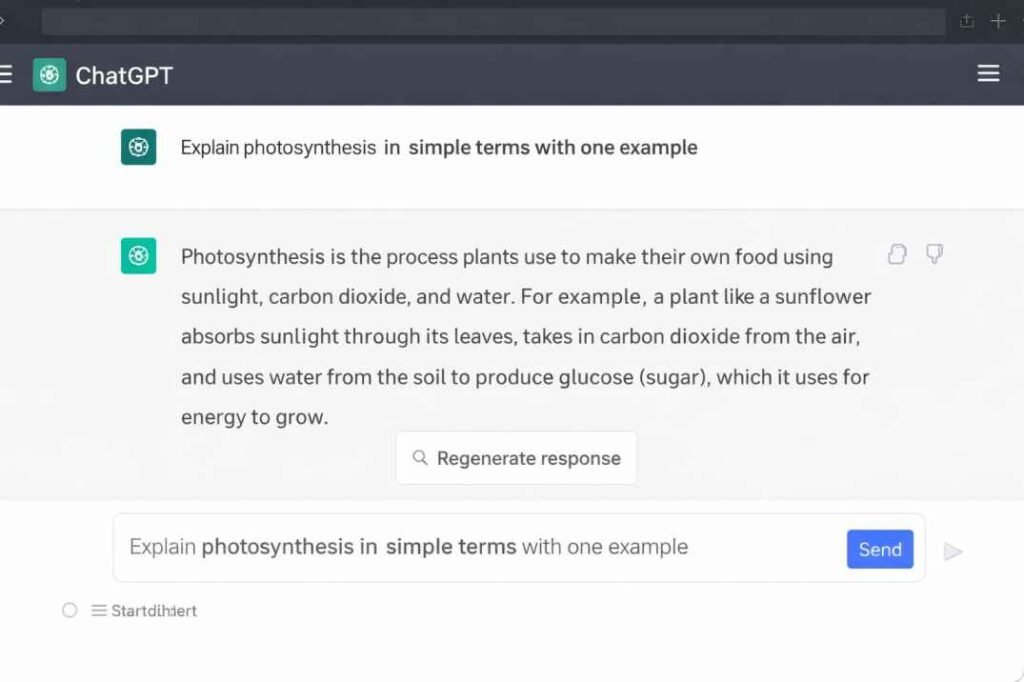 ChatGPT interface example showing a user prompt and AI-generated response for beginners